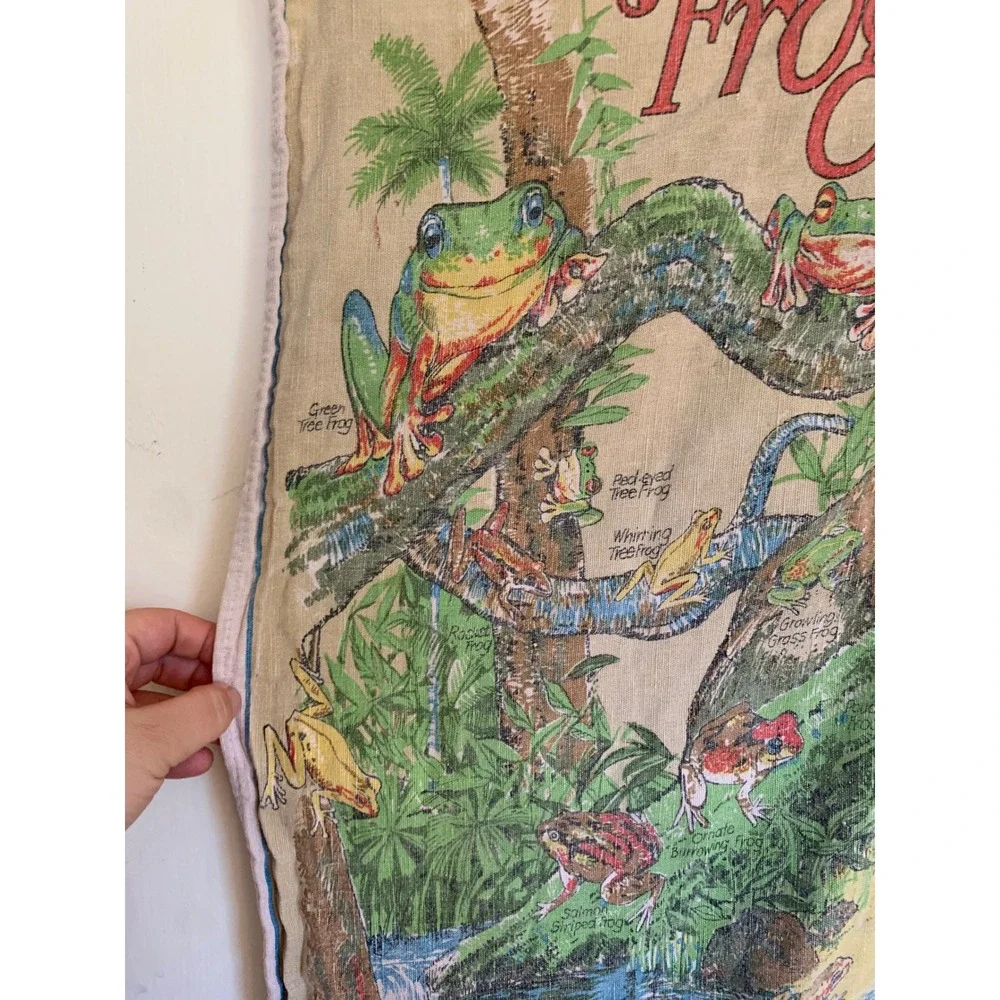 Vintage Australian Frogs Bribie Island Linen Tea Towel Rosy Kitchen Souvenir
